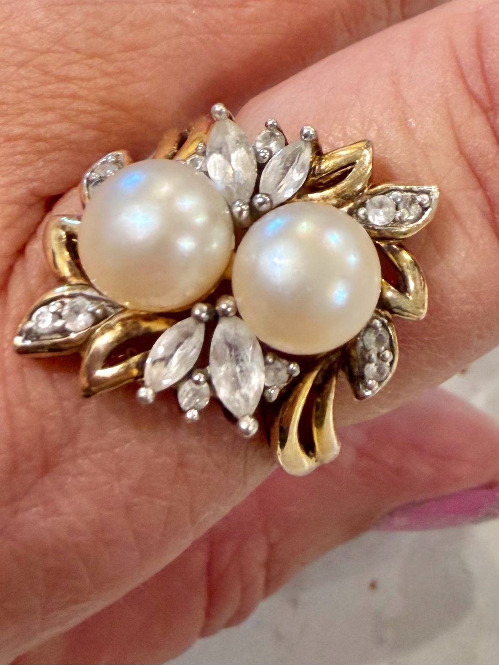 Vintage Avon Sterling Silver Gold Vermeil Double Pearl Cluster Cocktail Ring sz7